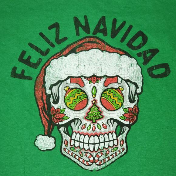 Green Feliz Navidad Sugar Skull Unisex Tee - Size 2XL - Picture 2 of 3
